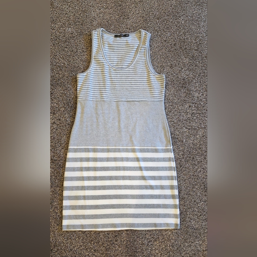 Doe & Rae Gray and White Striped Midi Dress